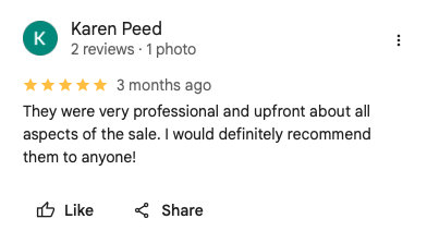 Screenshot of a five-star review by Karen Peed praising professional and upfront service, dated three months ago.