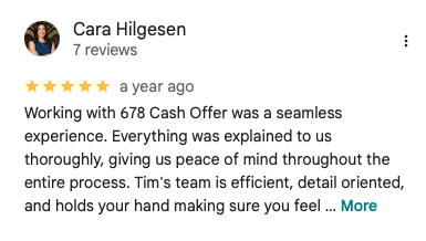 Screenshot of a Google review for Cara Hilgsen praising her team's seamless and thorough service with 5 stars.