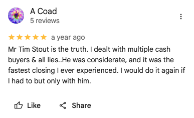Screenshot of a Google review for 'A Coad' with 5 reviews, 4.9-star rating. The review praises Mr. Tim Stout for honesty and quick closing experience.