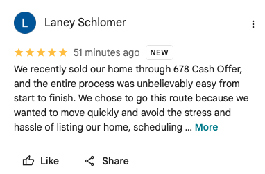Customer review on a home selling service, five stars, mentioning a move through 678 cash offer, ease of process, and scheduling