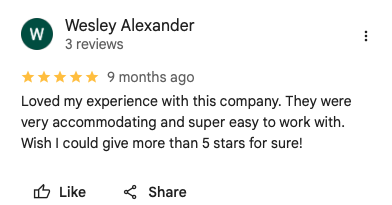 Screenshot of a 5-star review for a company by Wesley Alexander, mentioning a positive experience and easy cooperation.