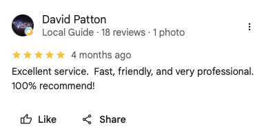 Screenshot of a Google review posted by David Patton praising excellent, professional, and friendly service.