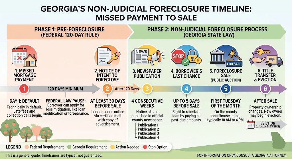 imeline graphic showing the Georgia foreclosure process for South Atlanta homeowners
