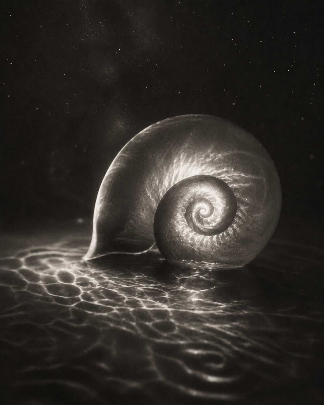 A luminous spiral seashell casting reflections on a textured surface, with a starry background.