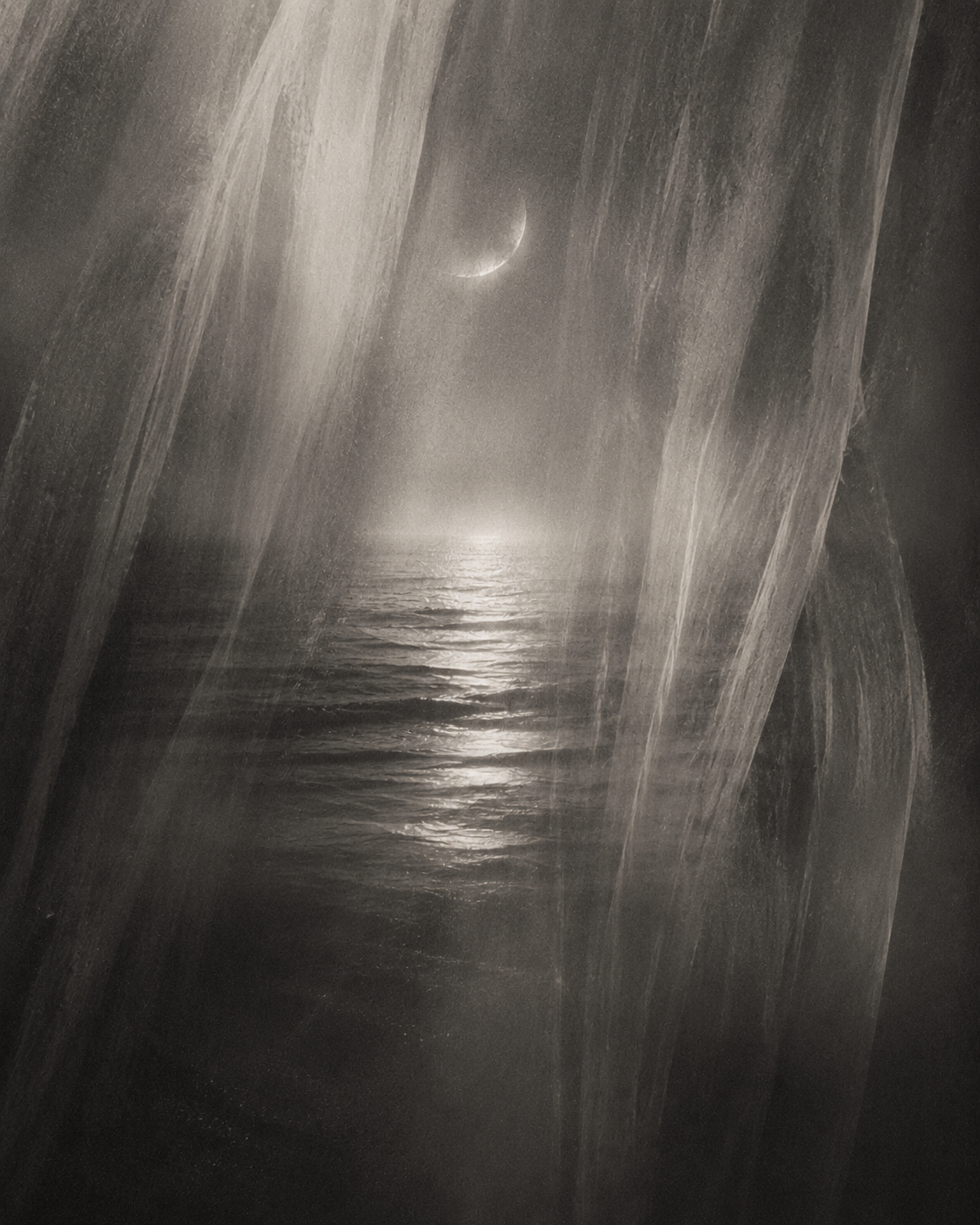Nighttime beach scene with crescent moon, reflected on water, viewed through rain-covered window.