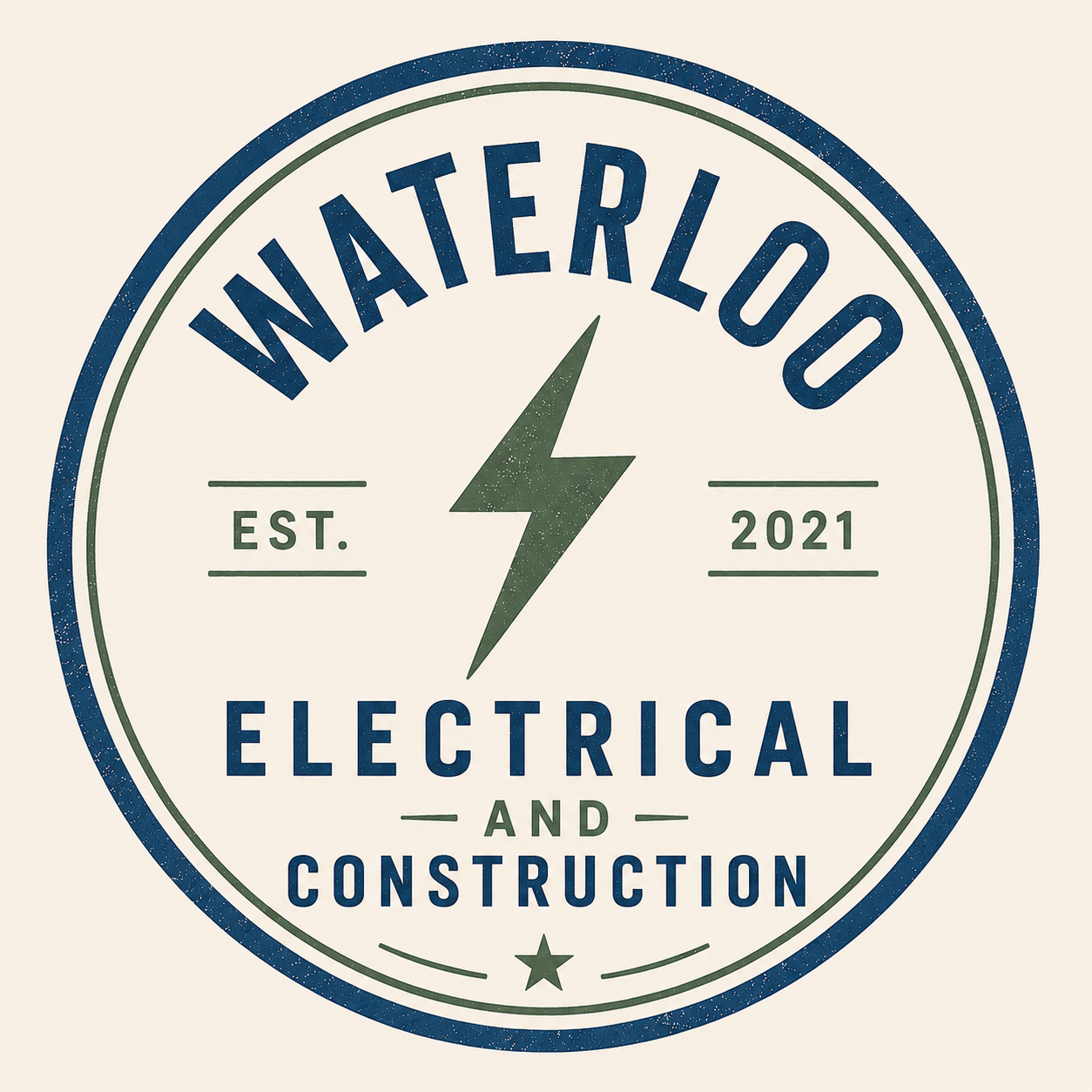 Circular logo for Waterloop Electrical and Construction, established in 2021, featuring a green lightning bolt at the center.