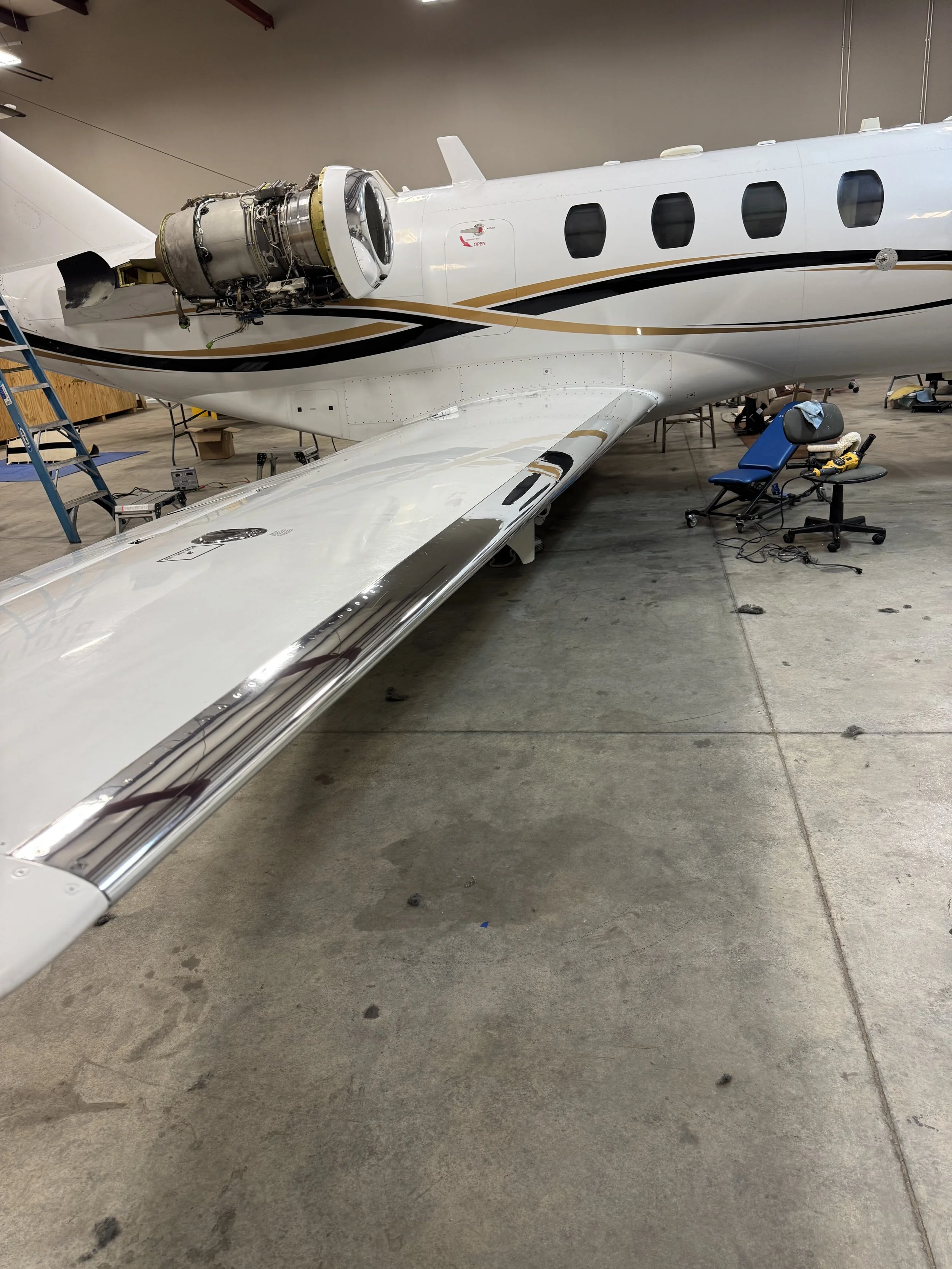 Example of metal polishing leading edges of Cessna Citation Jet.