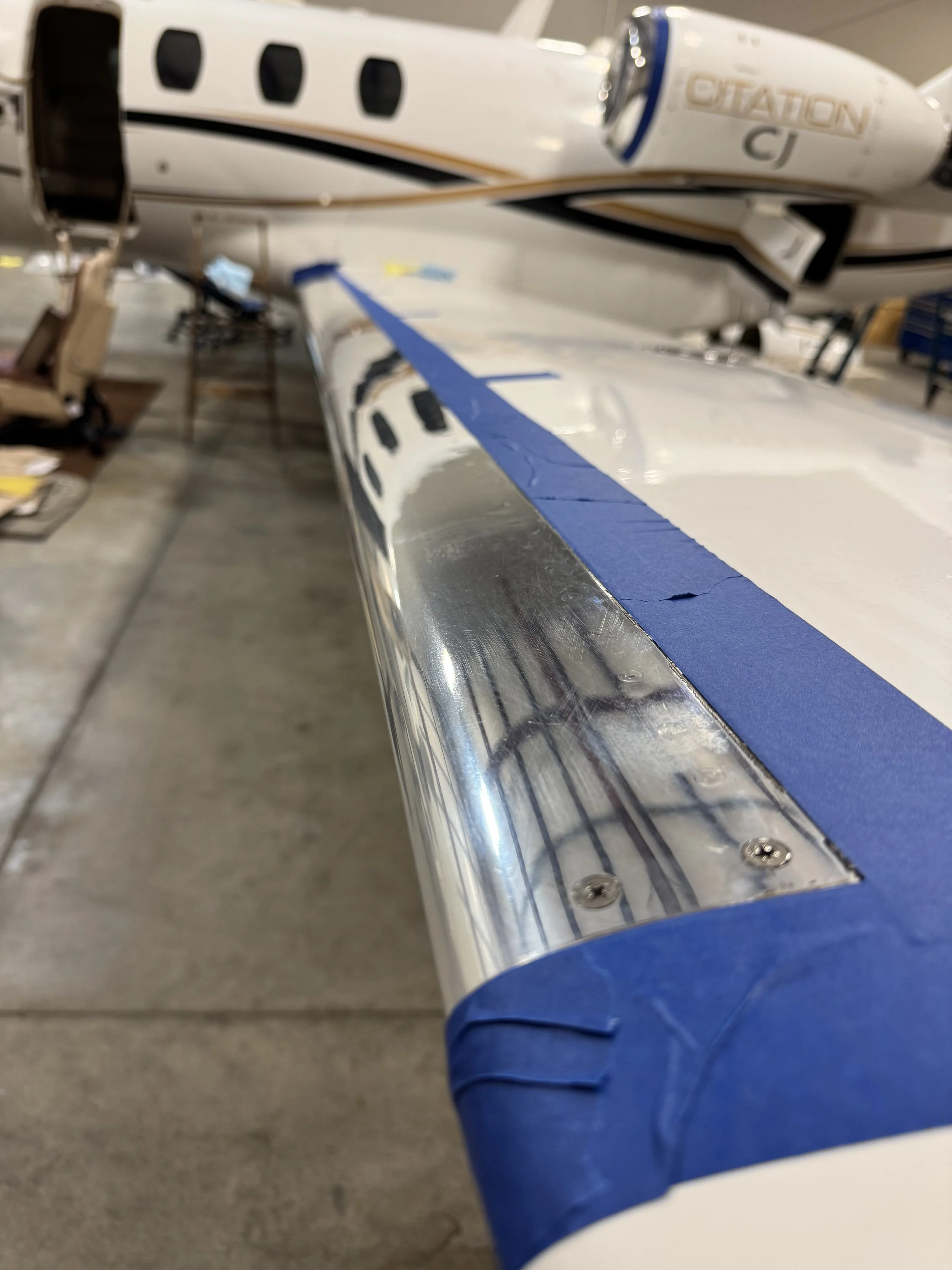 Example of metal polishing leading edges of Cessna Citation Jet.