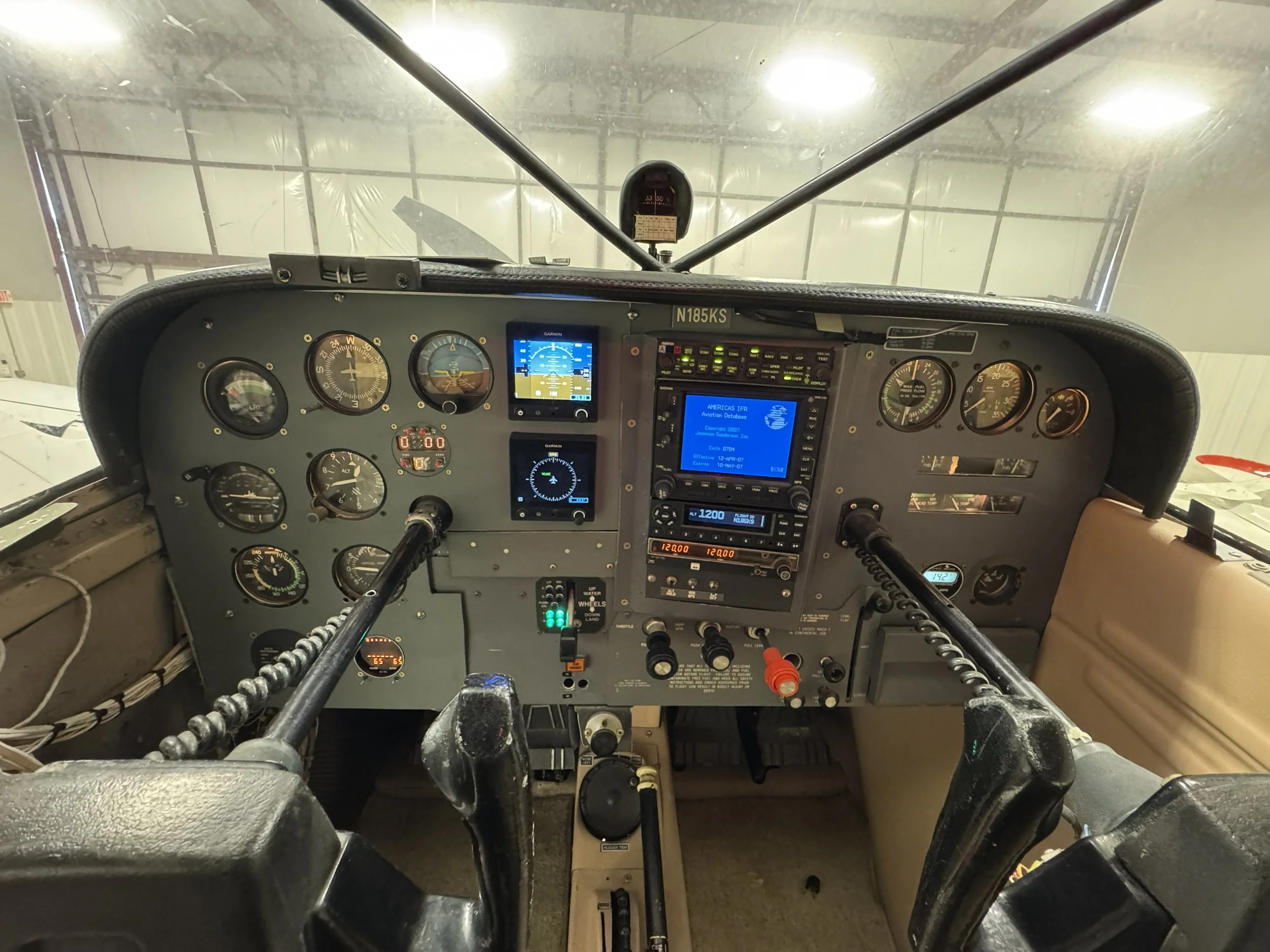 Cessna 185 after installing Dual G5 Units, GTX 345 transponder, and Engine Monitoring.