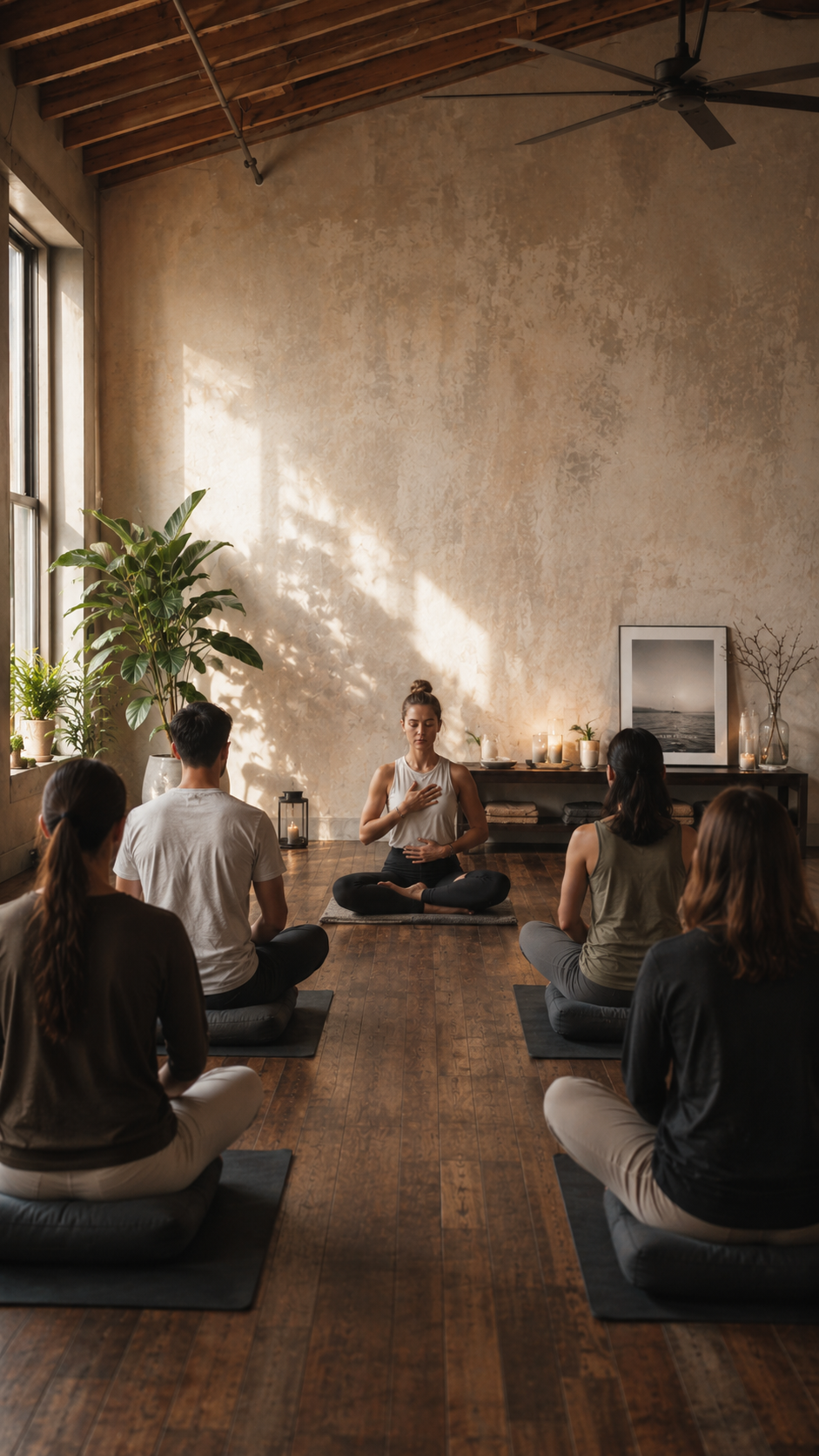 meditation teacher guiding a meditation in a moody yoga studio