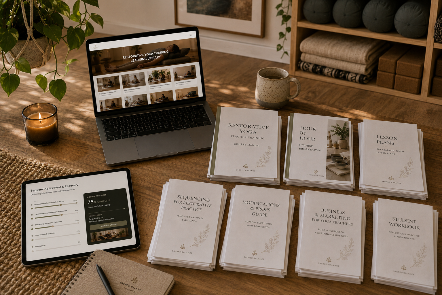 Embodied resource curriculum documents for restorative yoga training on the floor of a yoga studio with lap top, ipad, and coffee