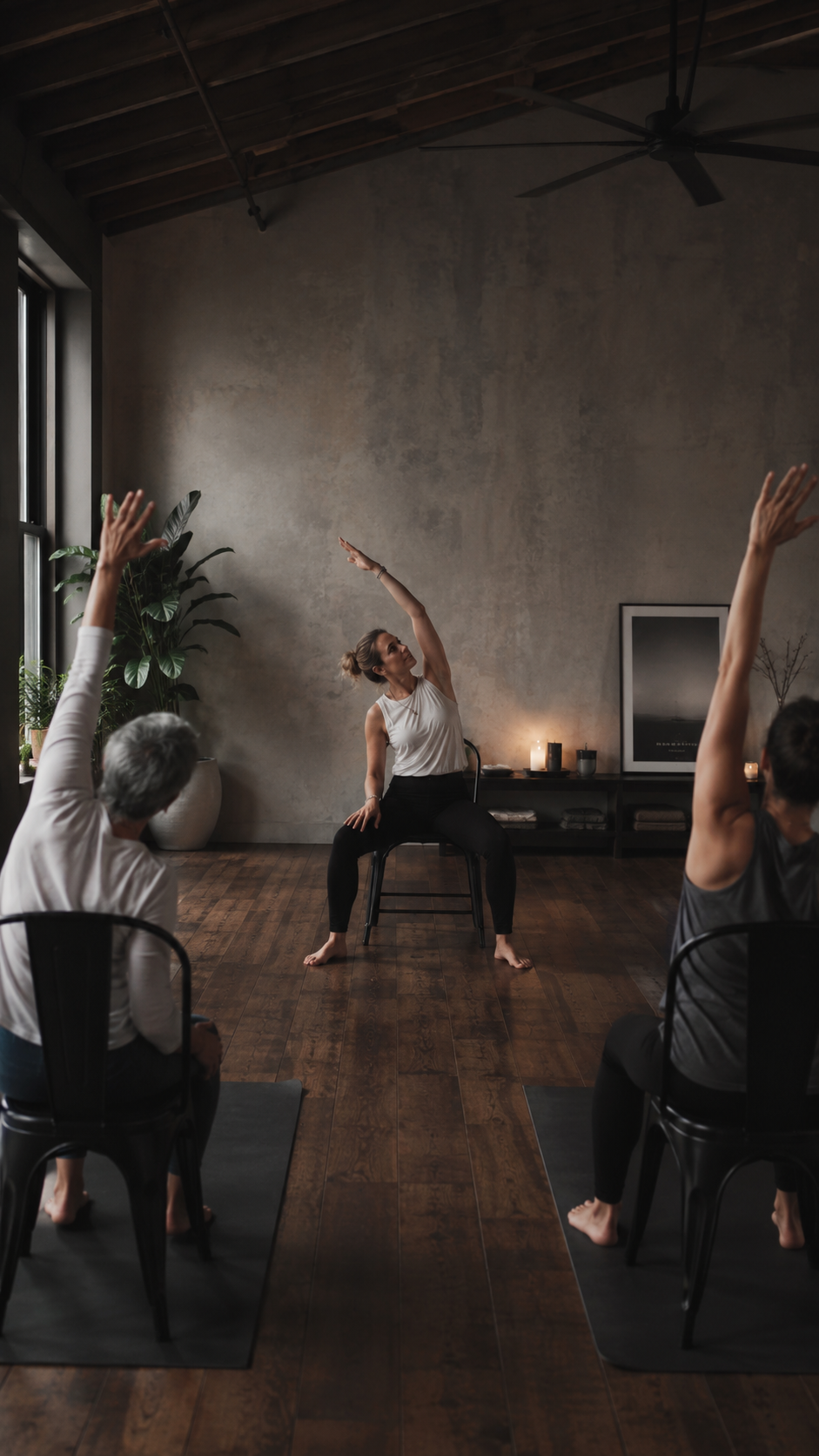 yoga teacher teaching a chair yoga class in a dimly lit studio