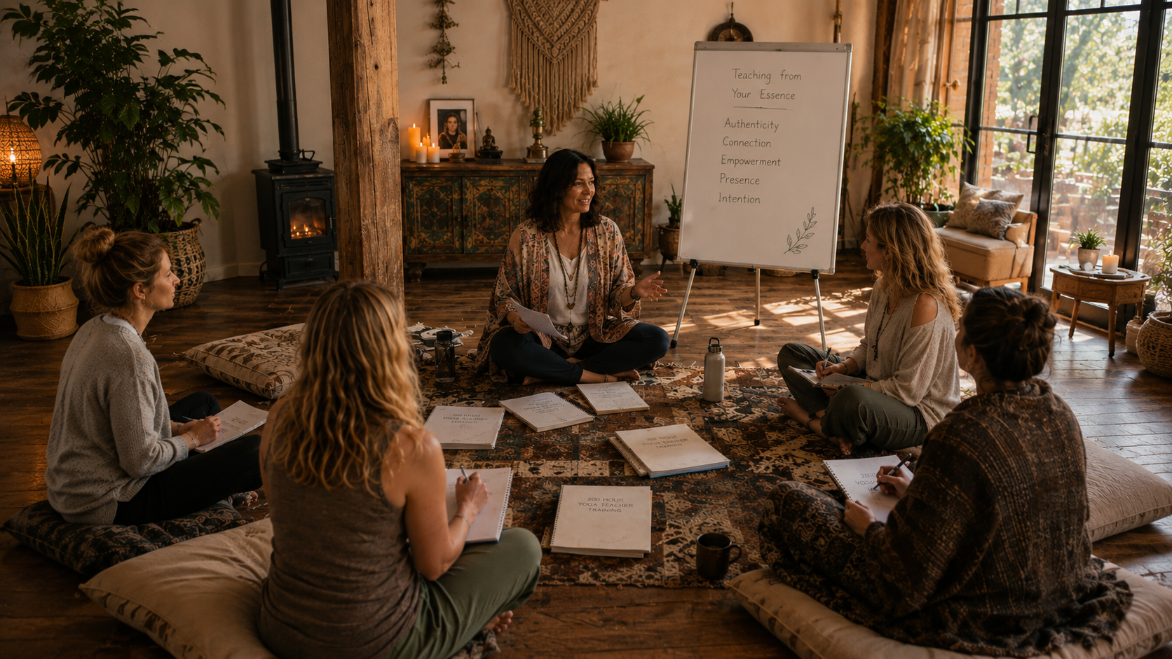 yoga teacher teaching 200 hour yoga teacher training to four students in an artsy yoga studio with a dry erase board