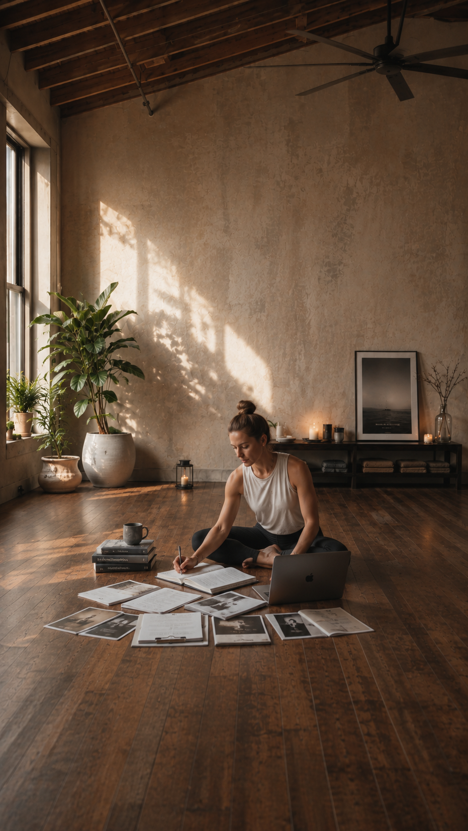 yoga teacher sits on the floor of her yoga studio organizing a teacher training program
