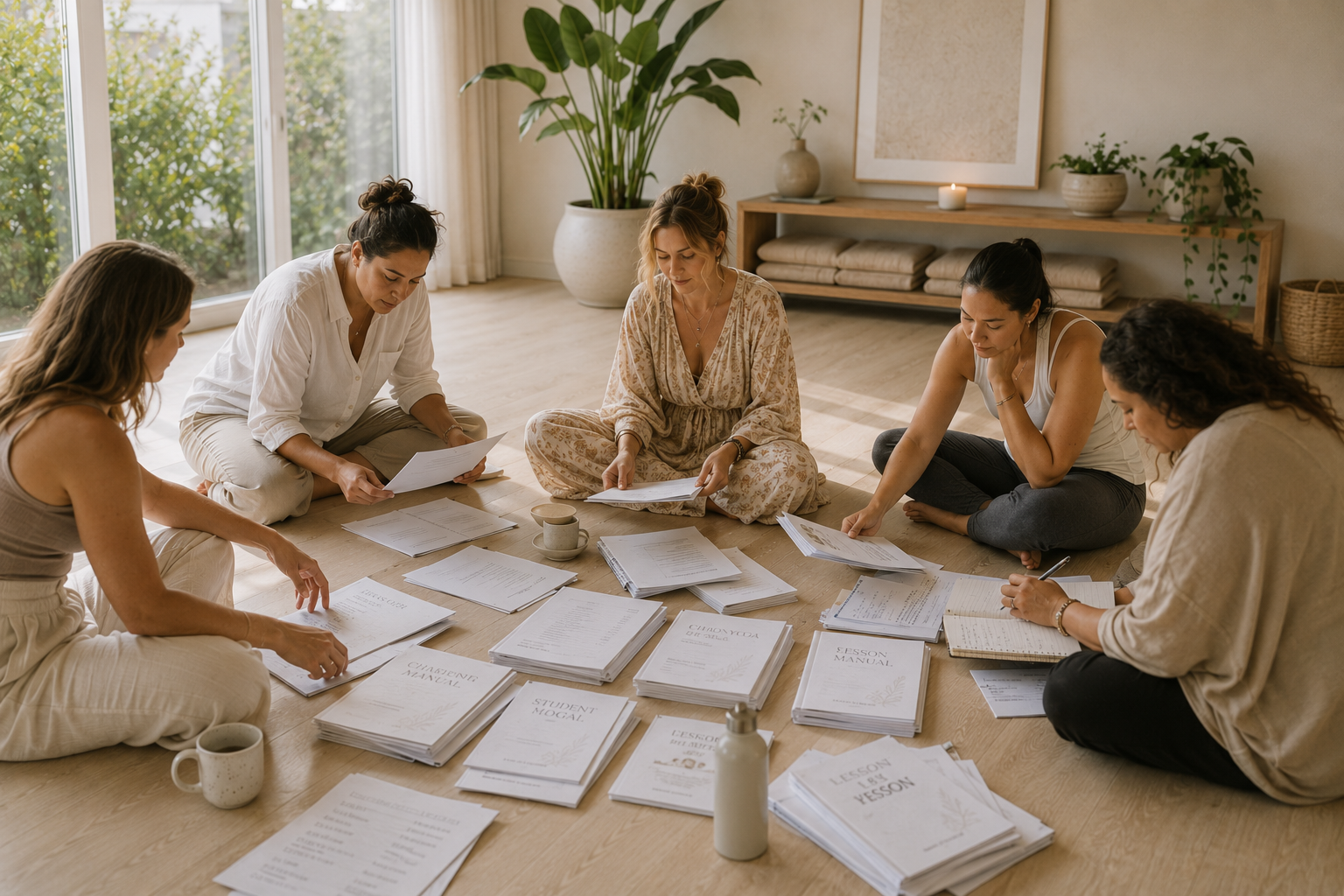group of yoga teachers sitting on the floor of a studio preparing yoga teacher training documents