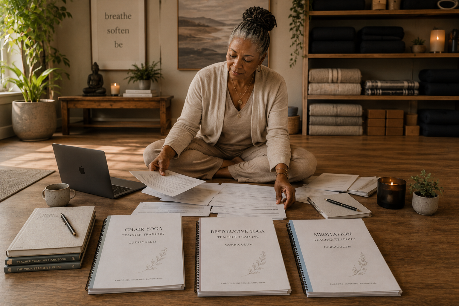 a yoga teacher sits on the floor of her studio with course curriculums, laptop, coffee, notebooks