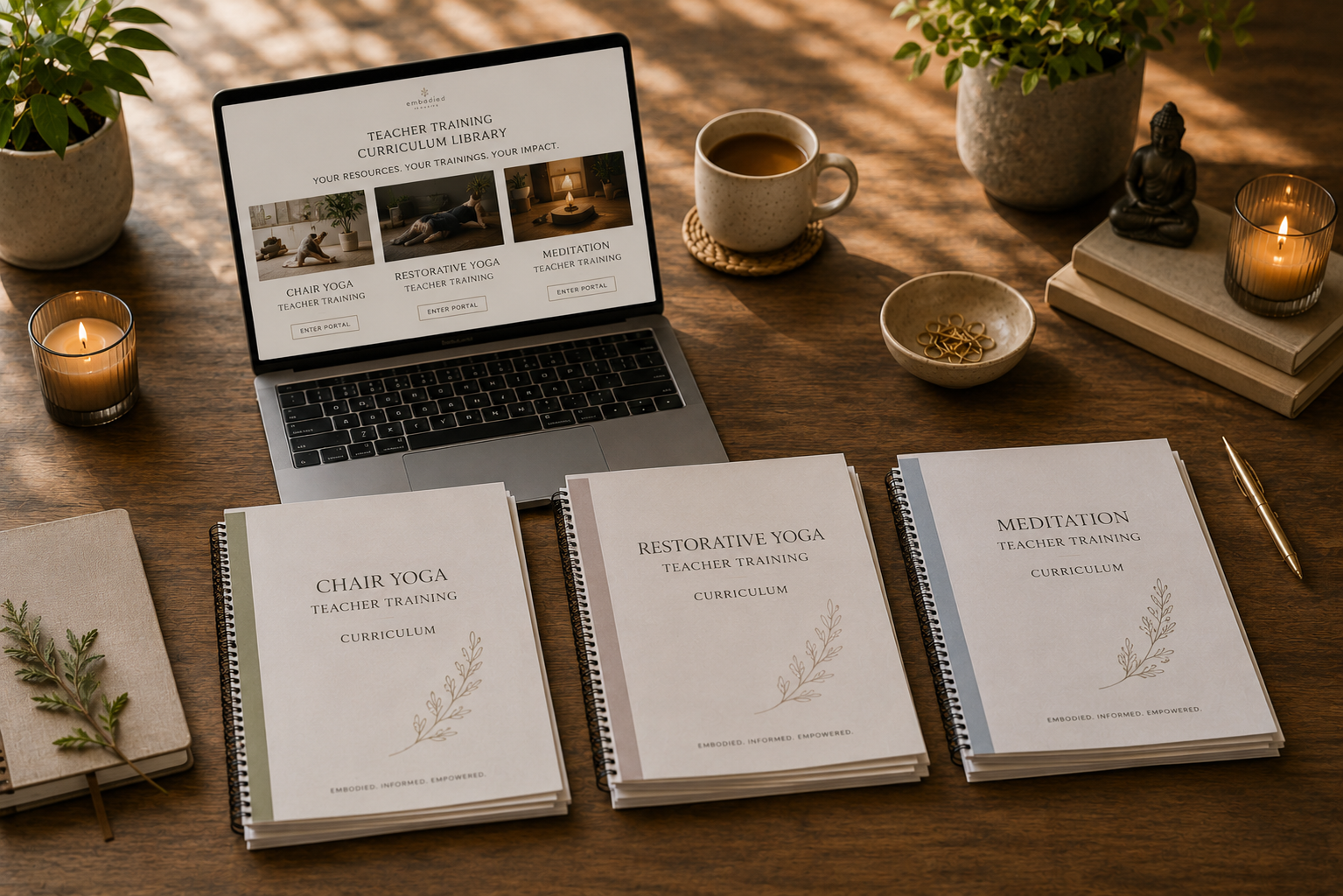 The desk of a yoga teacher showing a meditation, chair, and meditation course manual curriculum with an open lapto, coffee, plants, buddha, candles, and pen