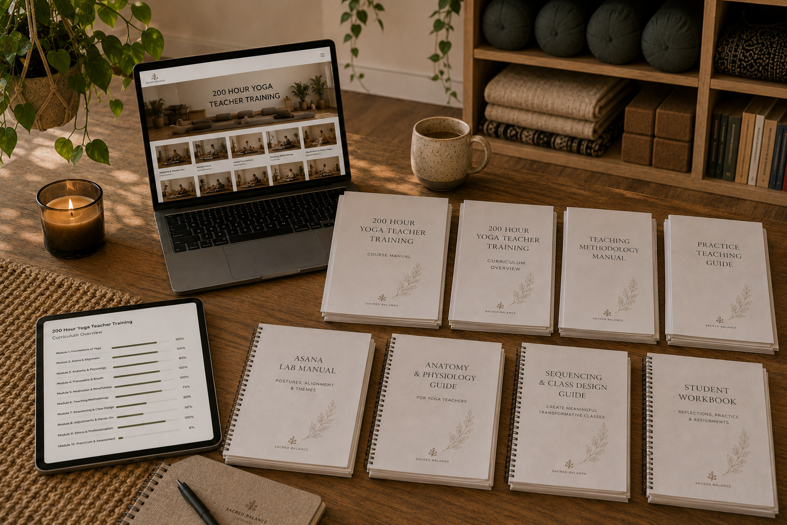 200 hour yoga teacher training curriculum materials on a table with a laptop and coffee.