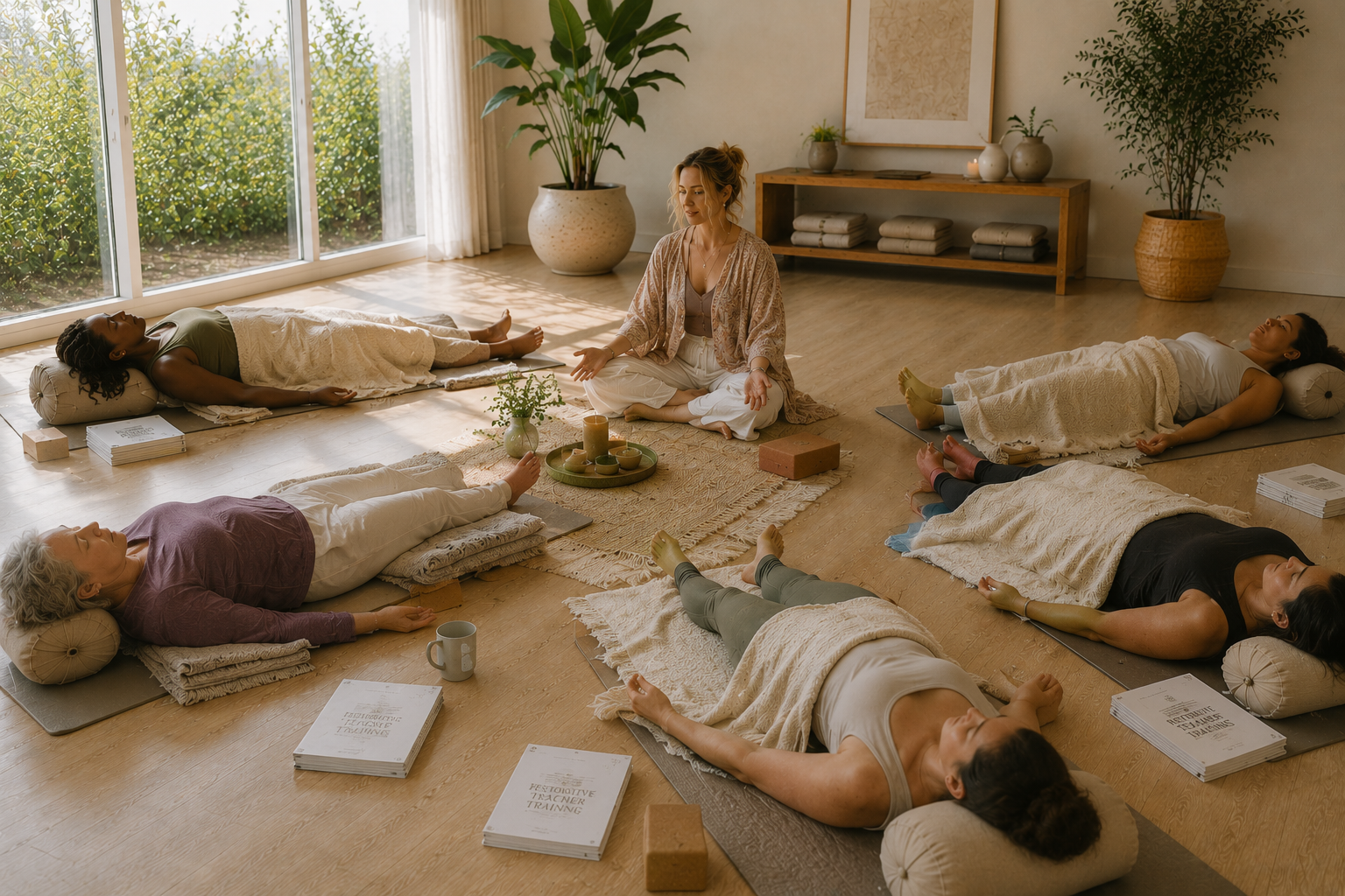 yoga teacher teaching students a restorative yoga class with props and blankets