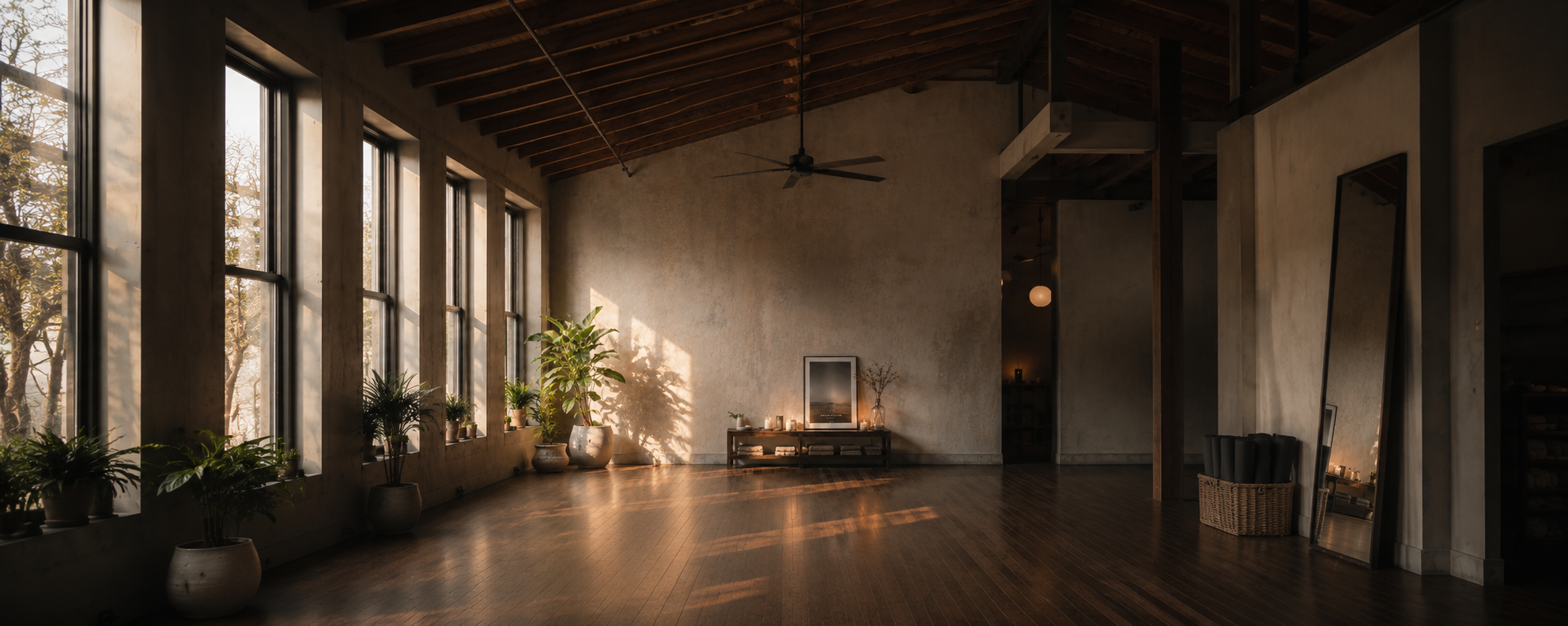a dimly lit yoga studio with lots of windows, an alter, and plants