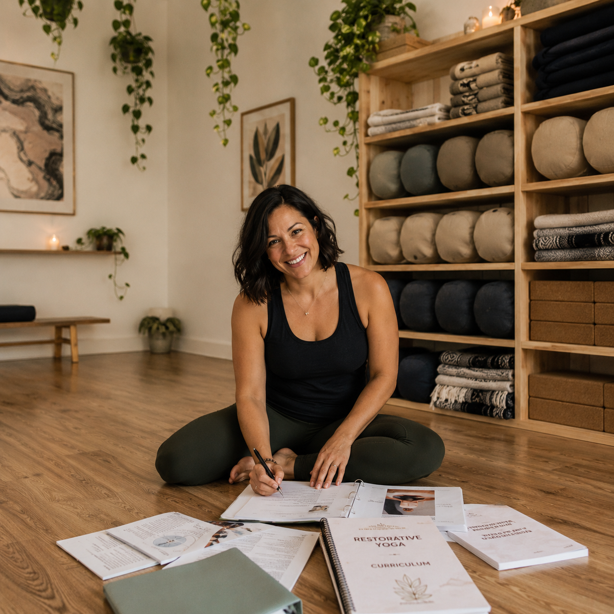 yoga teacher with dark hair and dark clothes sits in yoga studio with training documents in front of a wall of yoga bolsters