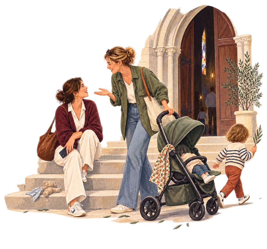 Deux femmes conversent devant une église, une portant un sac marron, l'autre avec un sac blanc, assises sur les escaliers. Une petite fille marche avec une branche, une autre enfant dort dans la poussette avec une couverture. La scène est chaleureuse et amicale.