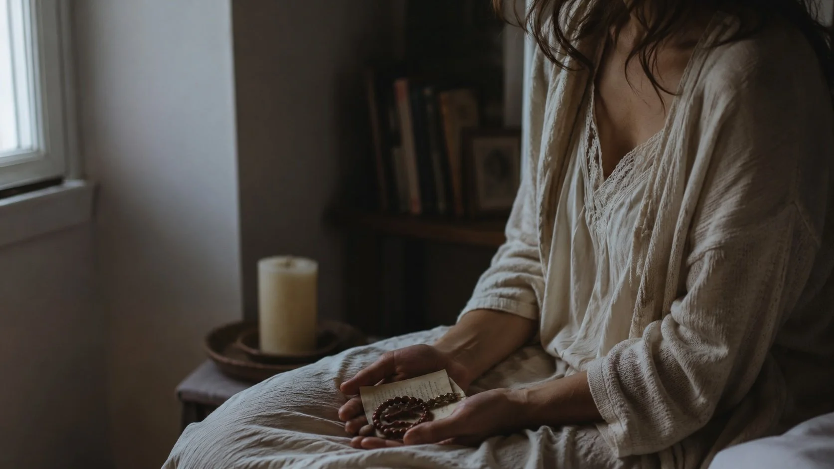 Une femme assise sur un lit, tenant un bracelet en perles et une petite boîte, dans une pièce tamisée avec une bougie sur une table à côté et une bibliothèque en arrière-plan.