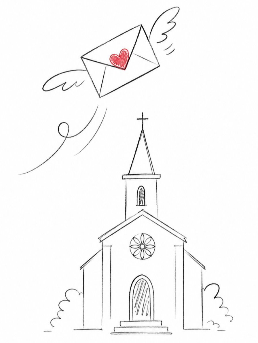 Une église simple dessinée en ligne, avec une croix au sommet, des escaliers à l'entrée, et des arbres ou buissons autour.