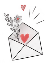 Une envelope avec un cœur rouge à l'intérieur, une fleur et un cœur dessinés en haut, symbolisant une lettre d'amour.