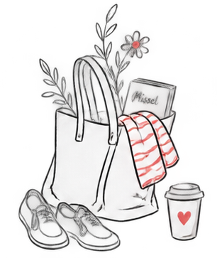 Sac à main blanc rempli de fleurs, fleurs dans une boîte Missel, chaussettes à rayures, chaussures noires, et tasse à café avec un cœur rouge.