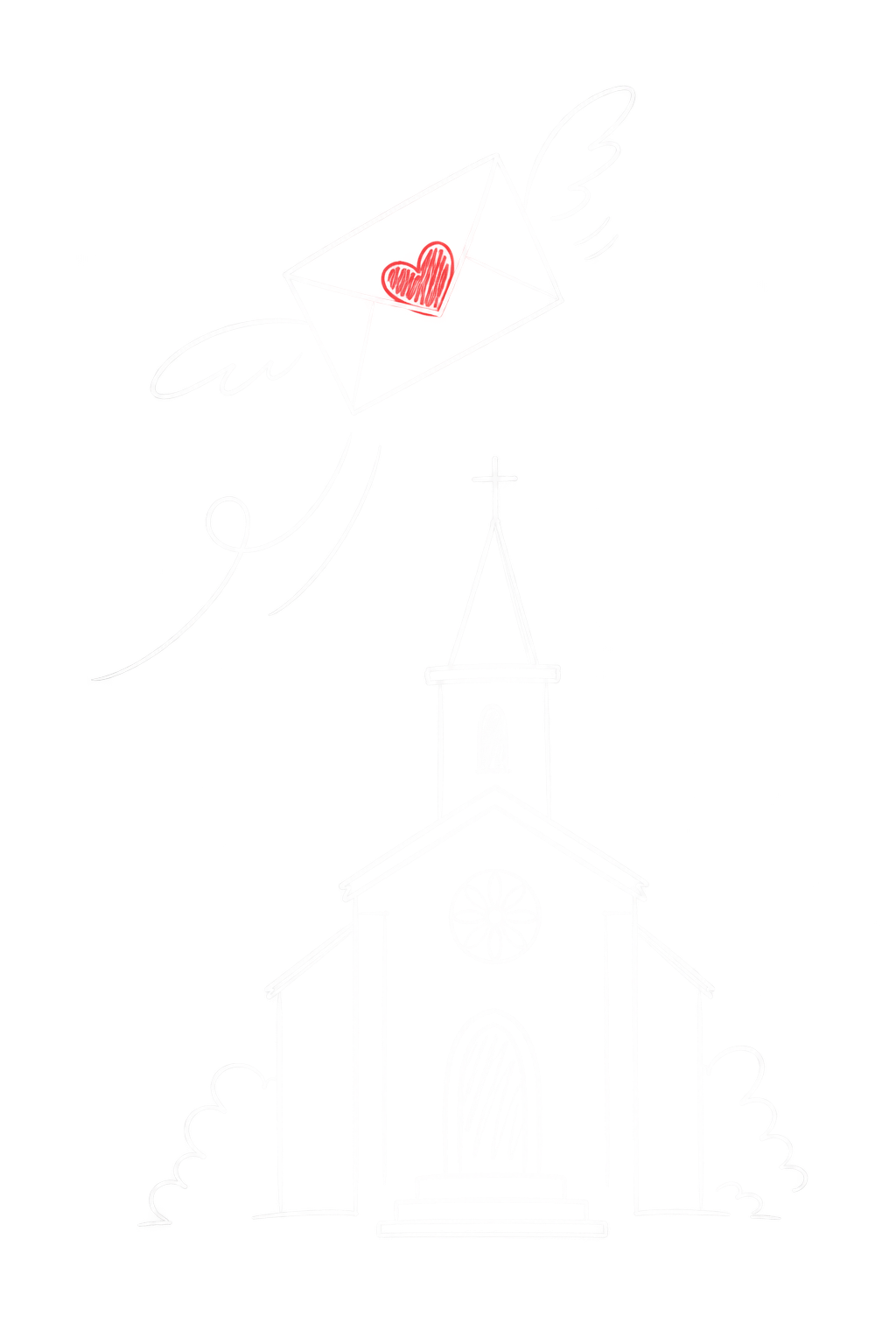 Une illustration simple d'une église en blanc avec une horloge sur la façade, et un ciel noir en arrière-plan. Au-dessus de l'église, un dessin d'une enveloppe avec un cœur rouge à l'intérieur, entourée de nuages et d'une paire d'ailes dans un style de dessin esquissé.