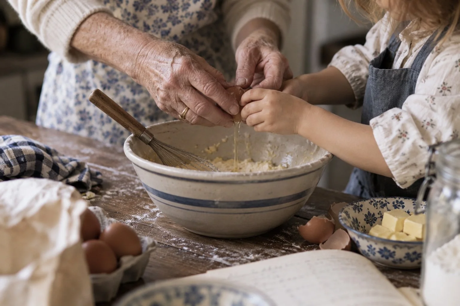 Une vieille femme et un enfant battent des œufs dans un bol en porcelaine, en cuisine, avec des ingrédients comme du beurre et des œufs autour.