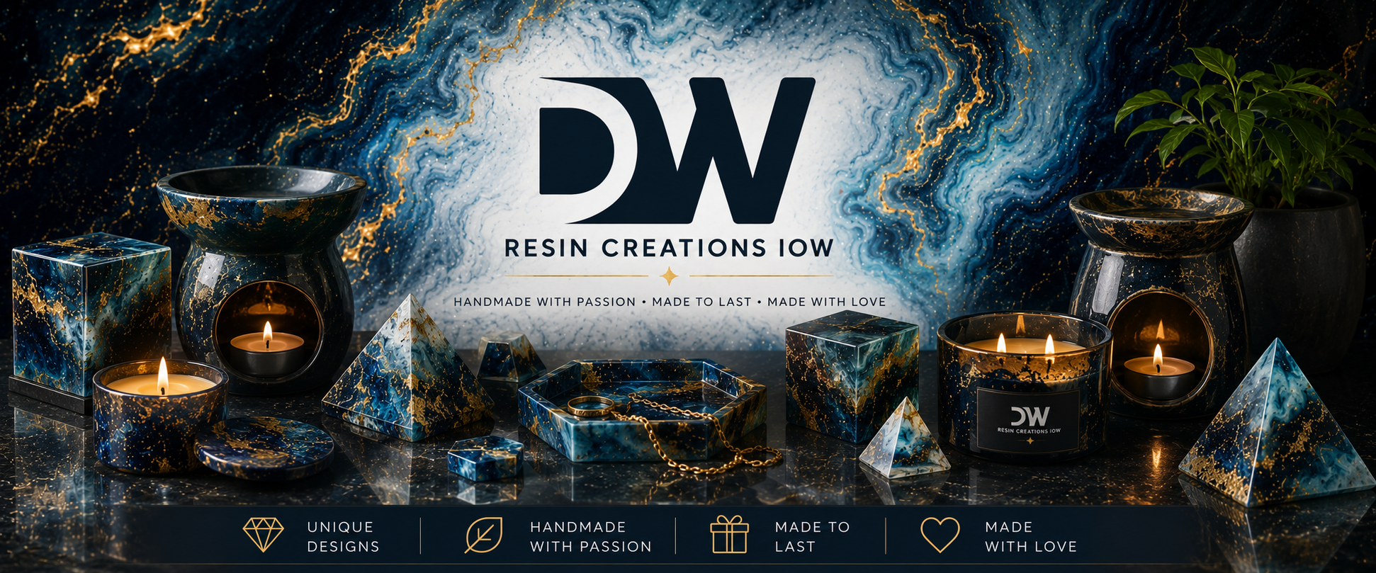 Display of resin home decor items such as bowls, candles, and geometric shapes with blue and gold marbled patterns, a potted plant, and a decorated tray on a black surface. The background features a matching blue, white, and gold marbled design with the words "DW Resin Creations Low" and phrases "Handmade with Passion," "Made to Last," and "Made with Love."