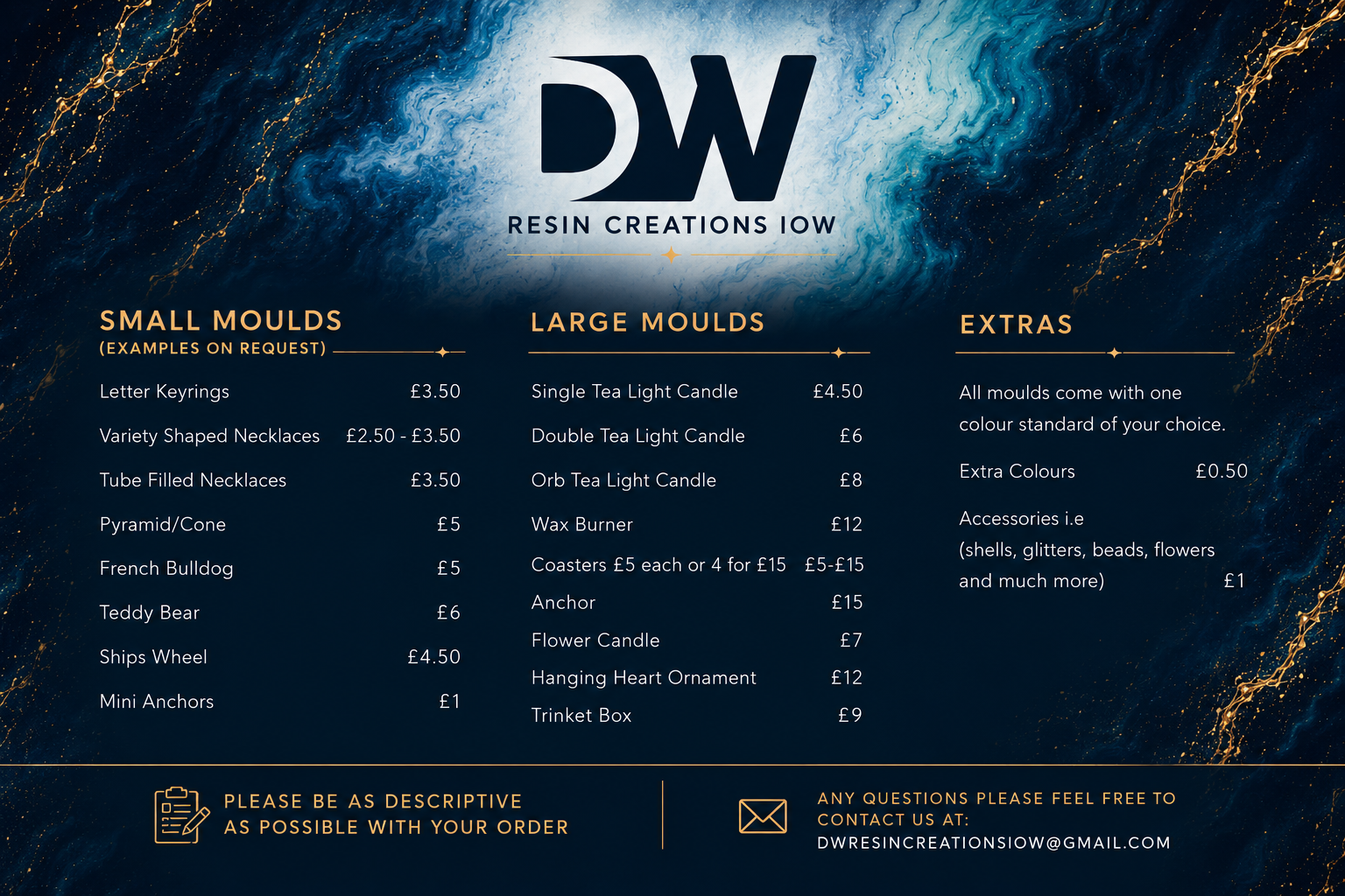 A product menu for DW Resin Creations IOW featuring small molds, large molds, and extras with prices listed. The menu has a dark blue background with gold accents.