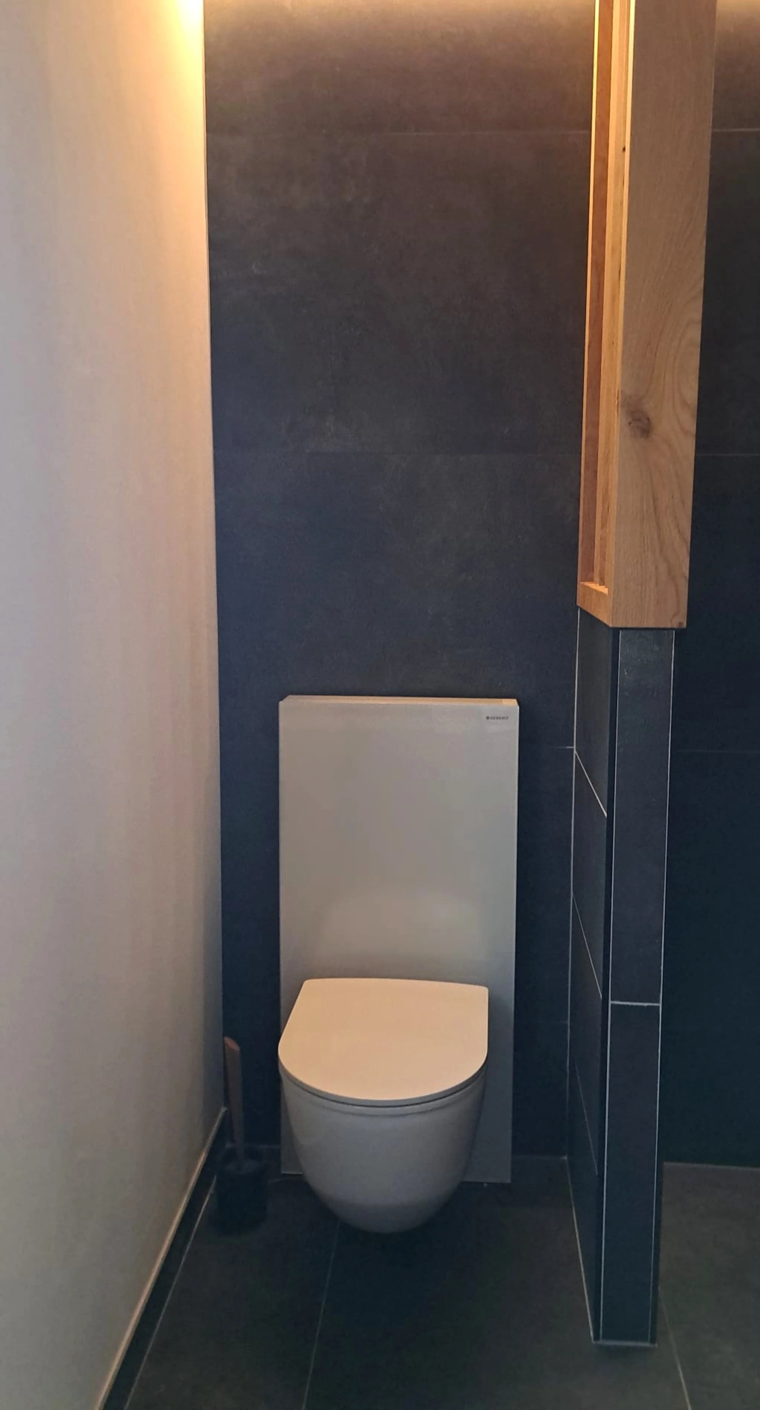 Toilettes modernes avec mur gris foncé, un réservoir blanc et un meuble en bois sur le mur adjacent.