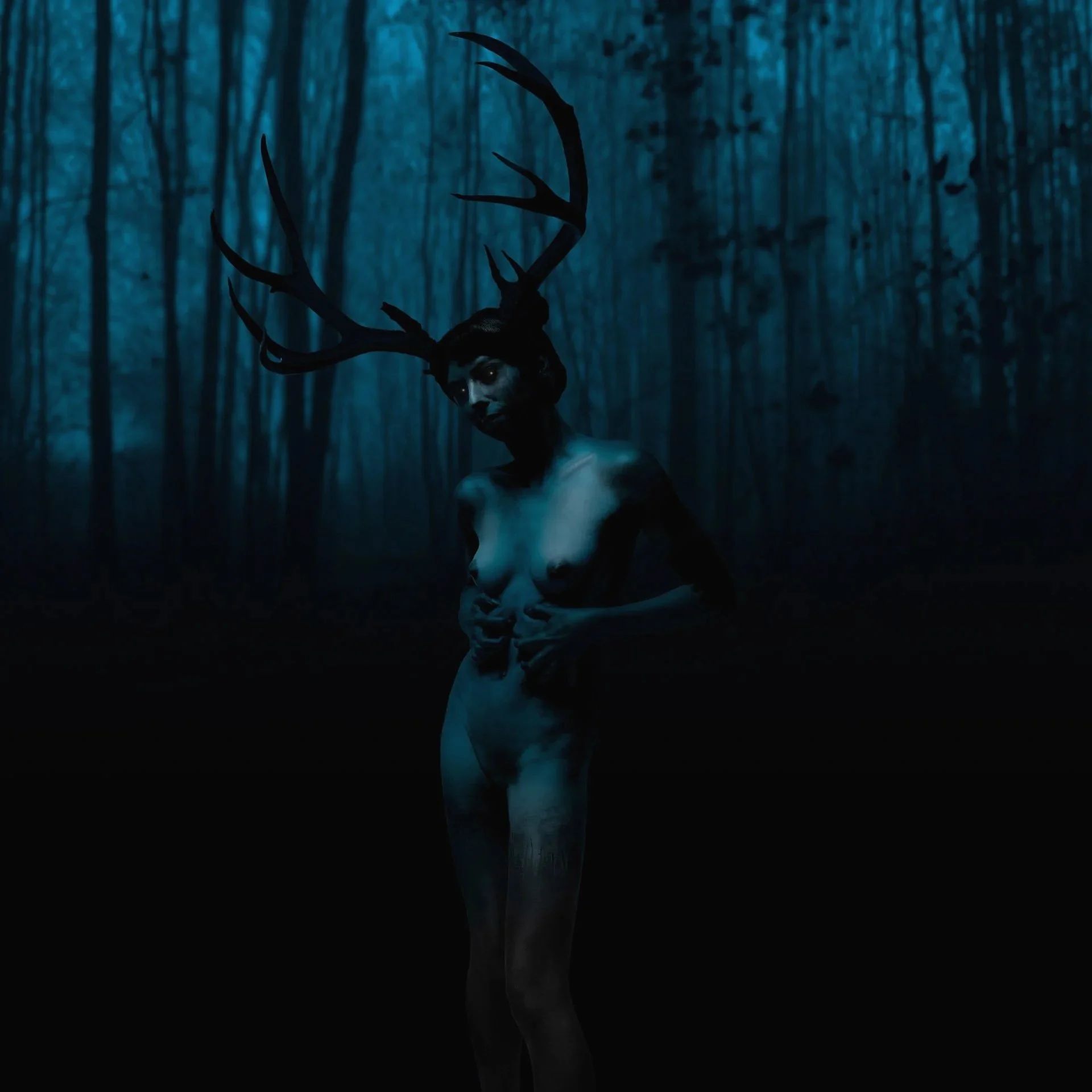 A humanoid figure with a deer head, large antlers, and a human body sitting in a dark, eerie forest with blue-toned lighting.