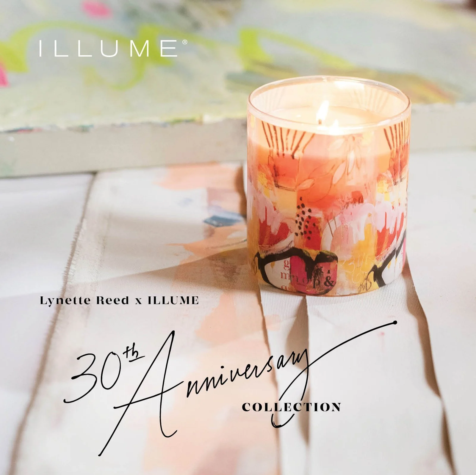 Lynette Reed x Illume 30th Anniversary Collection candle in a hand painted glass