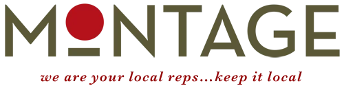 Montage logo with a red dot, featuring text that reads 'We are your local expert in food!'}