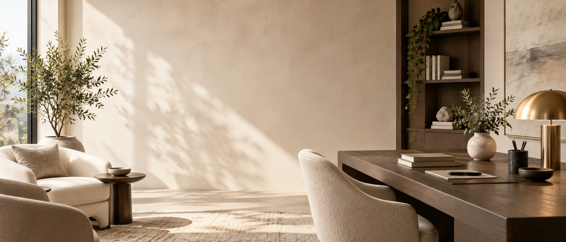 Modern living room / desk
Warm modern therapy and coaching space with comfortable seating, books and natural light
