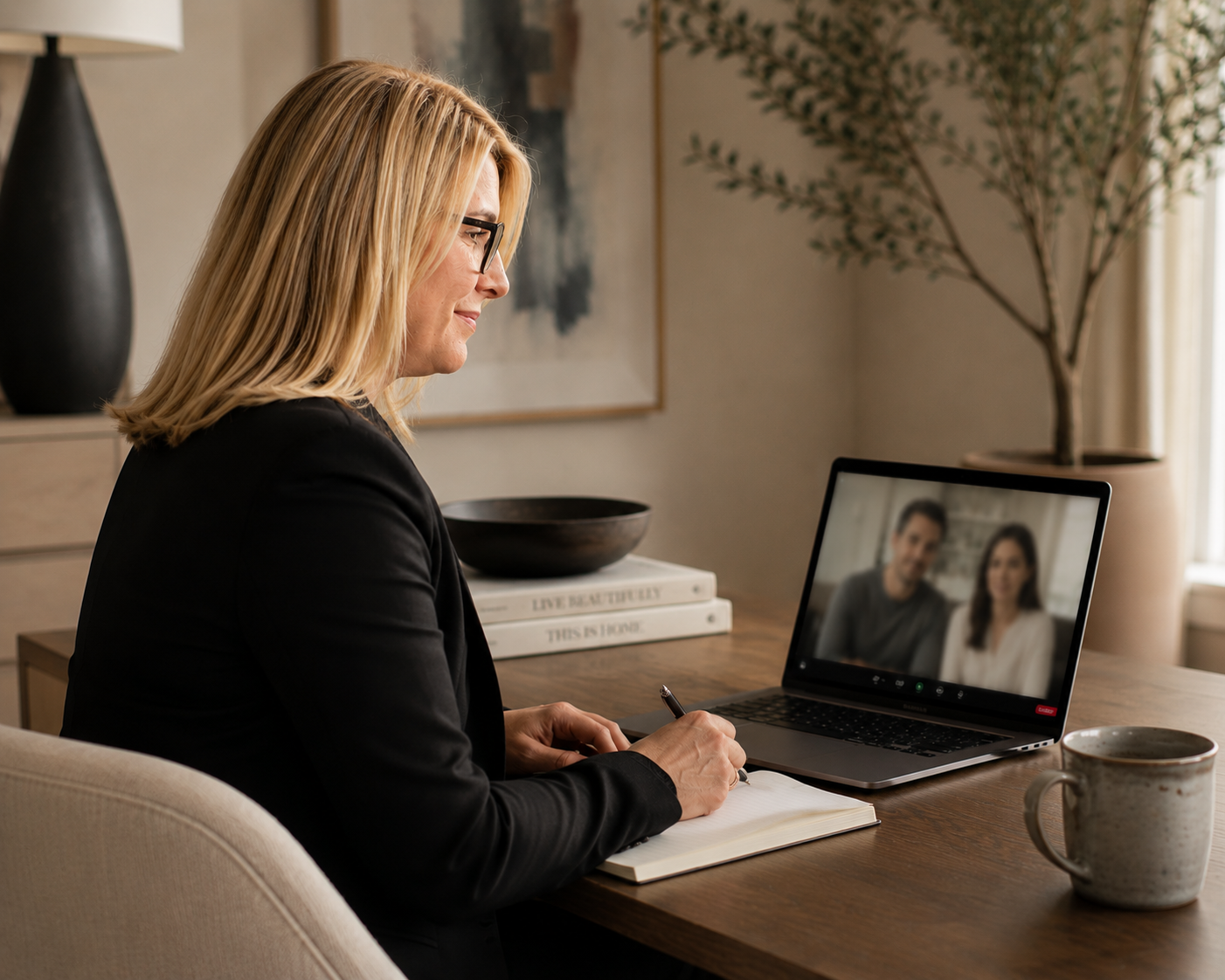 Woman on video call with couple: Virtual couples coaching session with Johanna Austin meeting with clients by video