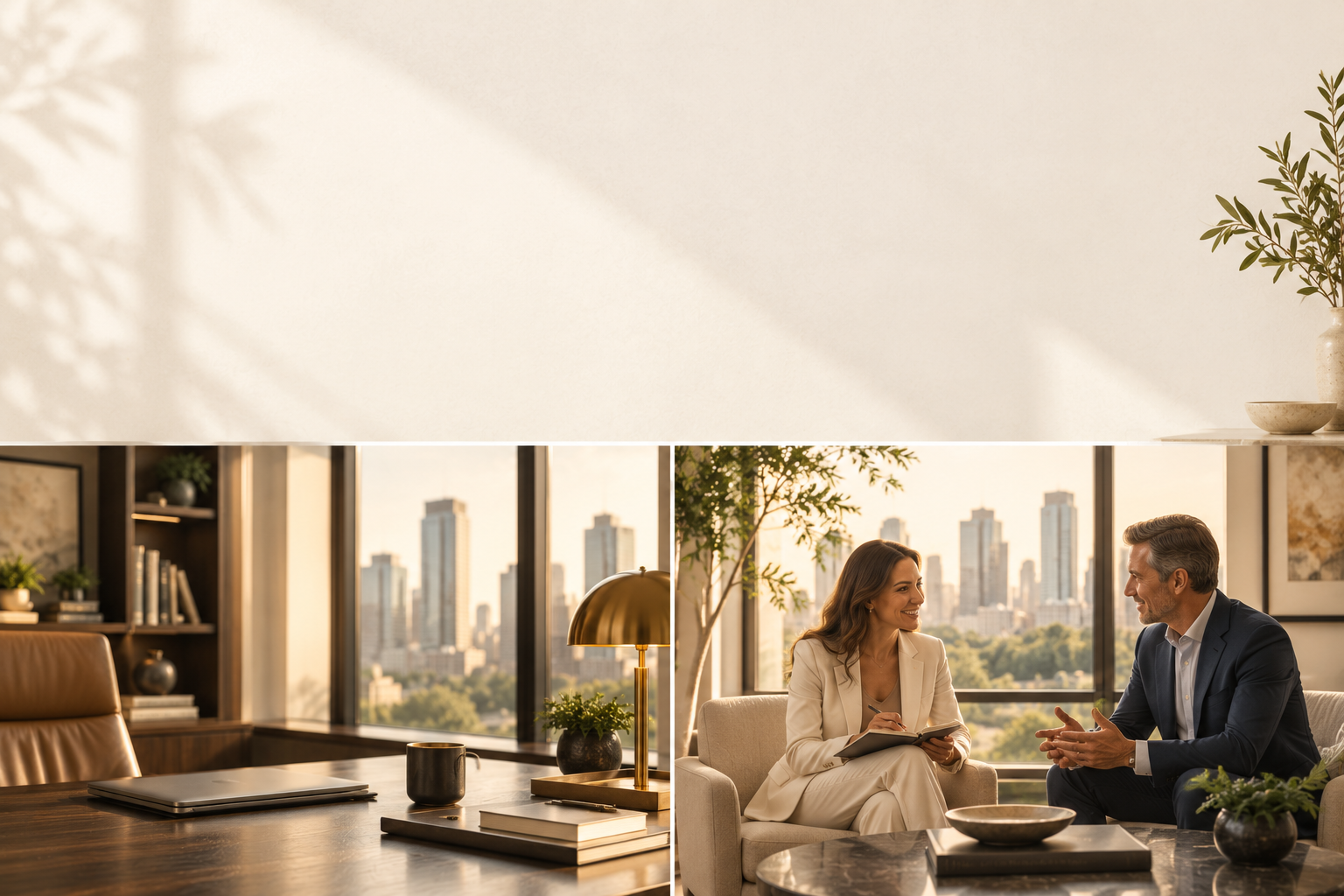 Two professionals in office: Executive coaching and consulting conversation in a modern Austin office