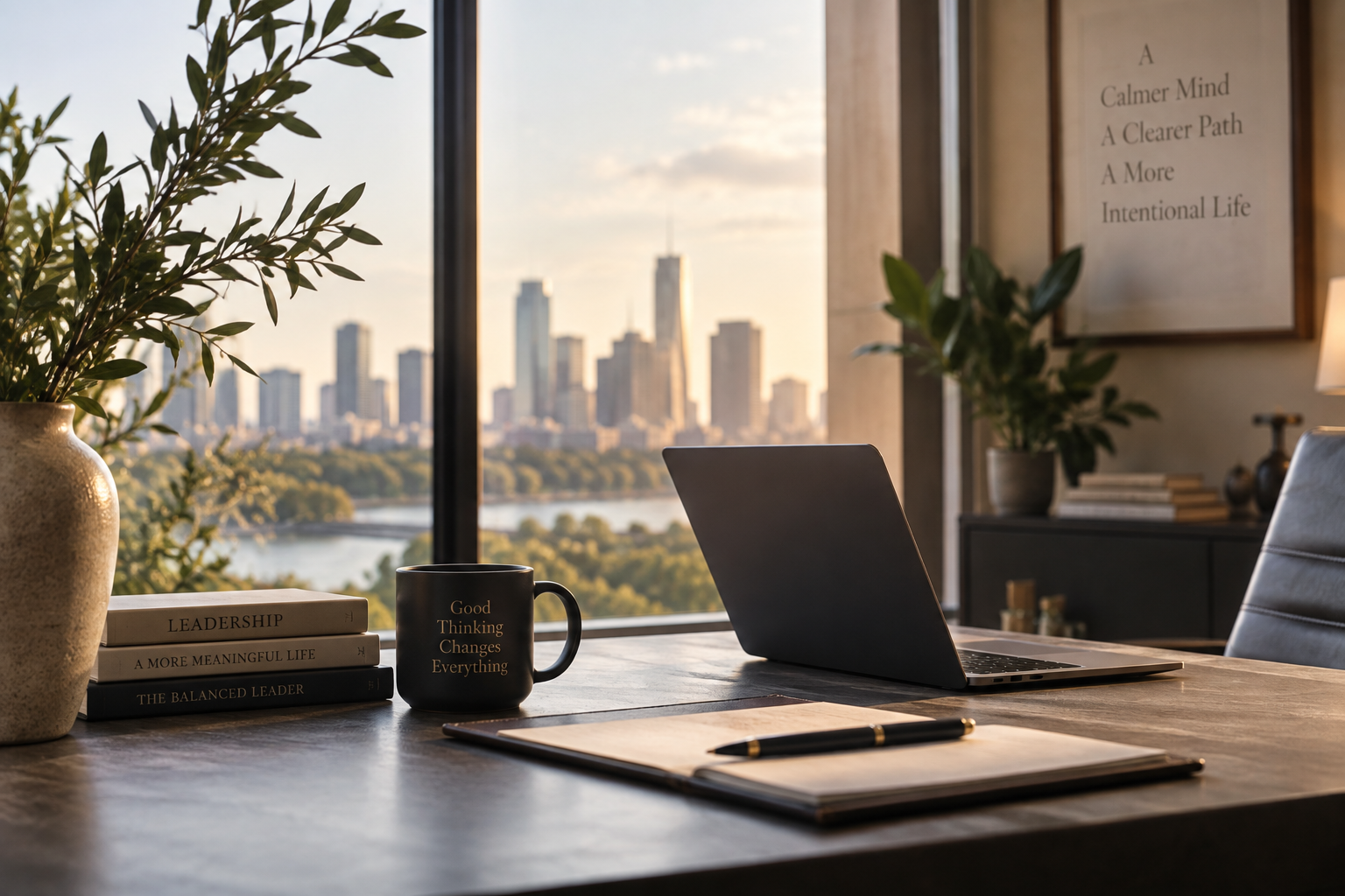 Laptop / mug / desk: Sunlit professional workspace with laptop, notebook and Austin skyline view