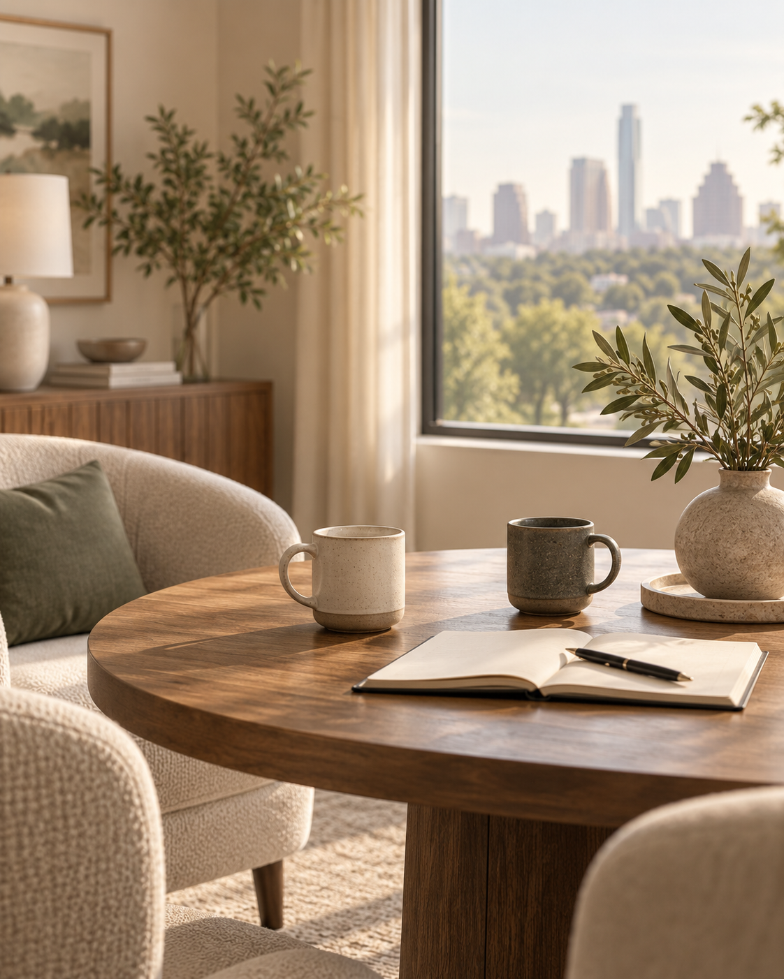 Table with mugs / notebook / skyline: Warm coaching and consultation space with notebook, coffee and Austin skyline views