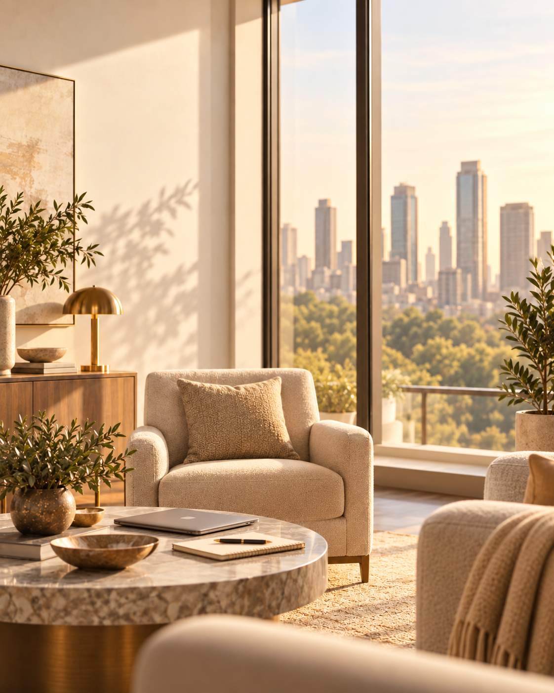 Living room / skyline
Warm modern therapy and coaching space with natural light and city skyline views