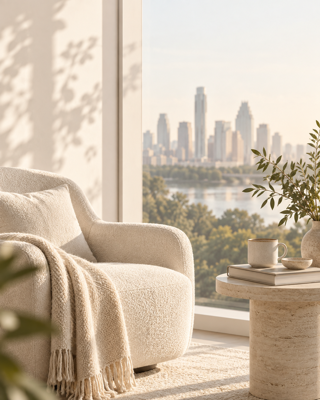 Living-room image: Warm, comfortable therapy and coaching space with natural light and Austin city views