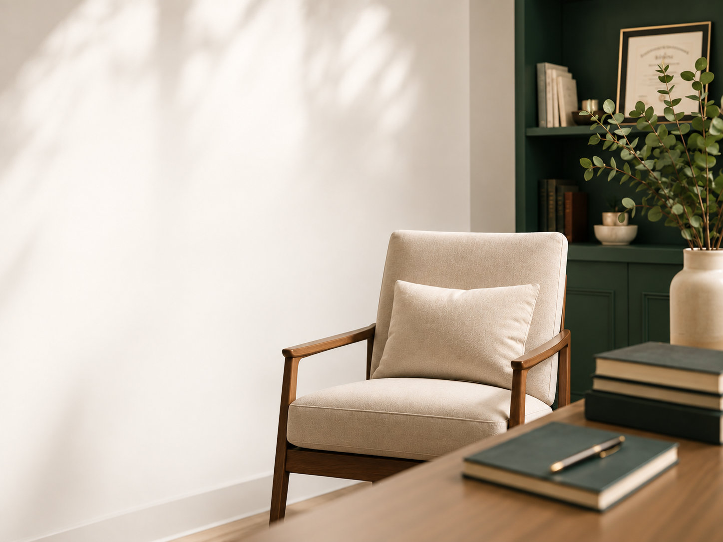 Chair / bookshelf
Warm therapy and coaching office with armchair, books and greenery