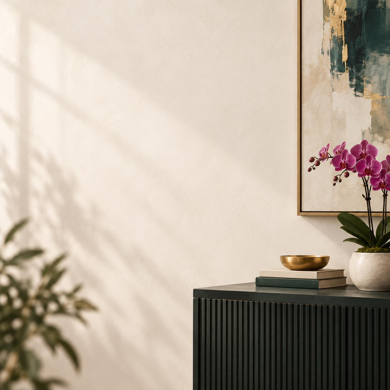 Console / orchid
Modern office console with books, orchid and abstract artwork