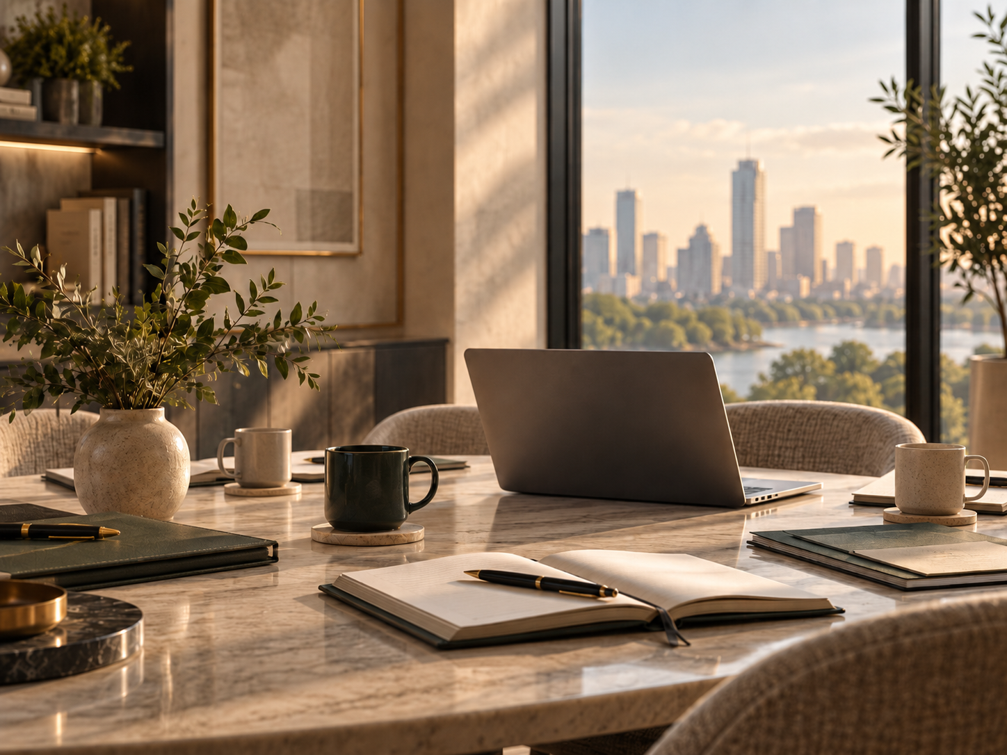 Conference room / laptop
Professional consulting and executive coaching workspace with laptop, notebook and Austin skyline view