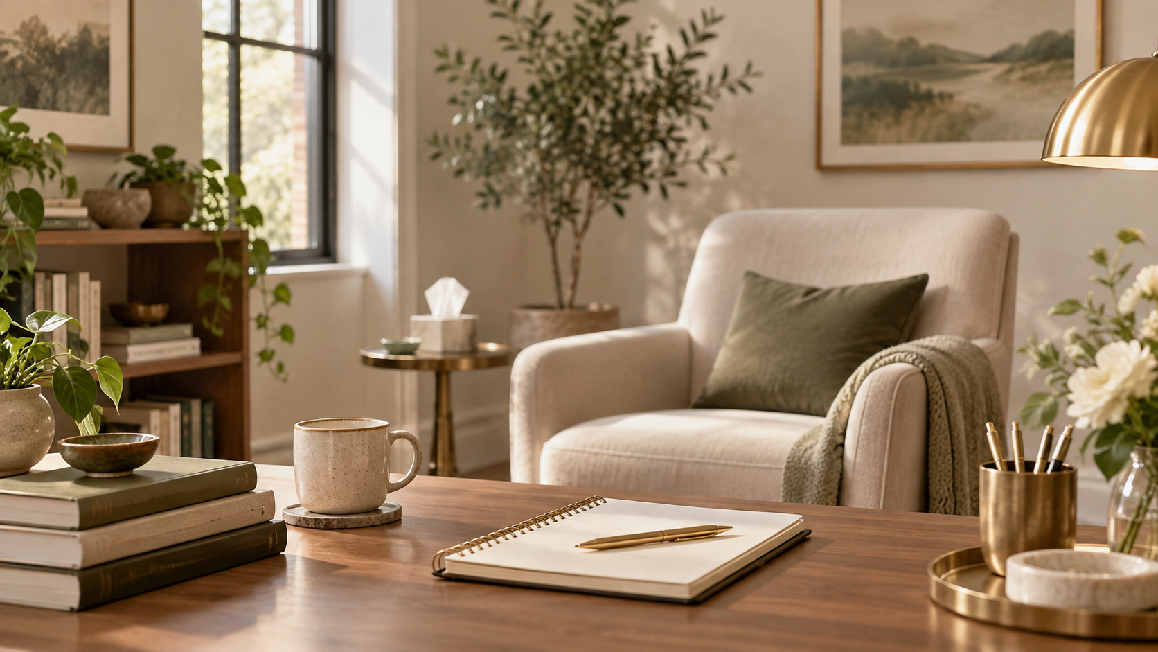 Living room / notebook
Comfortable therapy and coaching space with notebook, books and soft natural light