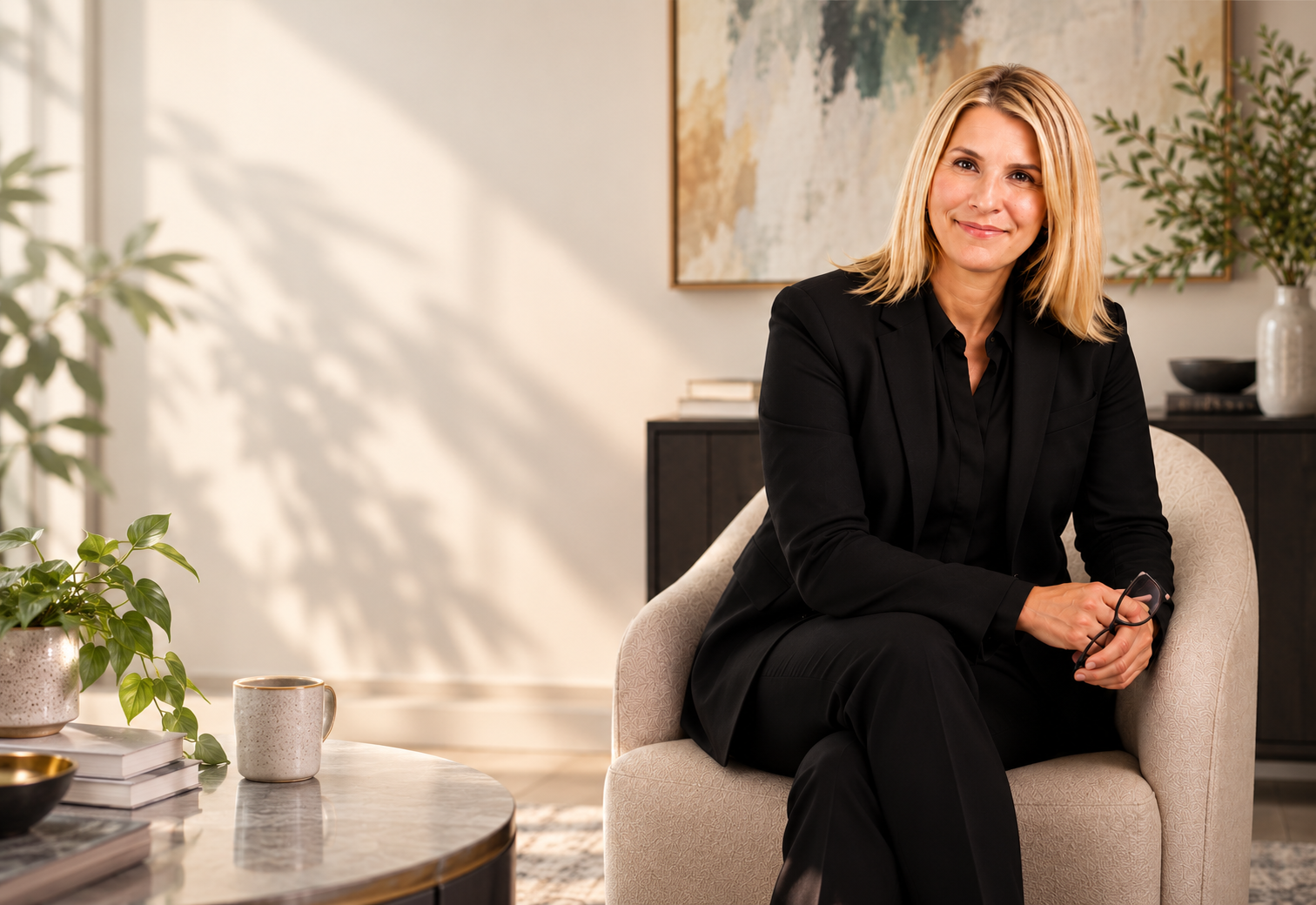 Seated portrait
Professional portrait of a therapist and coach seated in a warm modern office